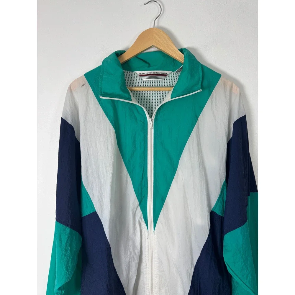 90s Sportime Actionwear Mens 2XLXT Windbreaker Teal White Navy Colorblock Jacket